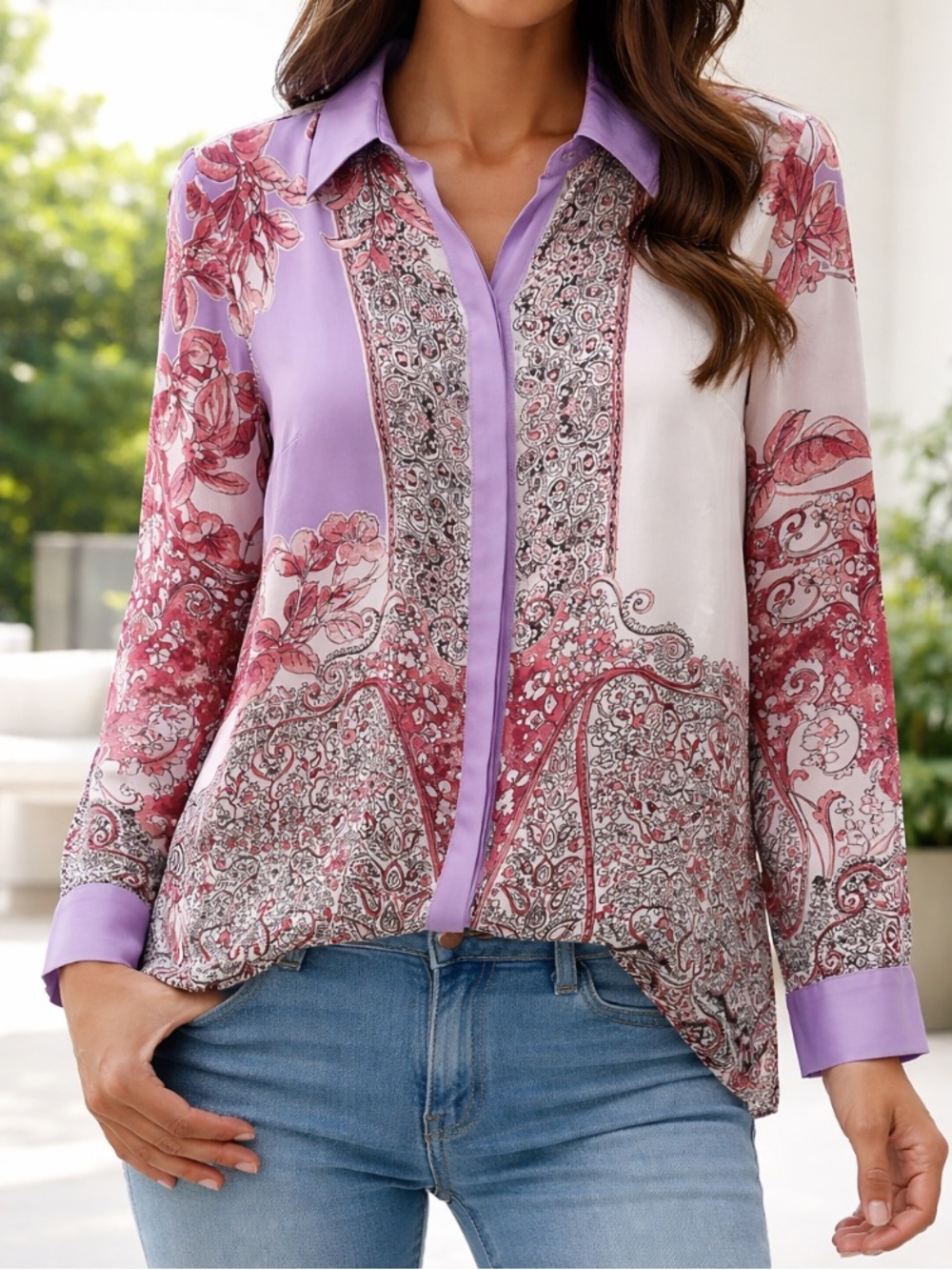 Tahari 100% Silk Blouse Size Medium Purple Paisley Floral Button Front